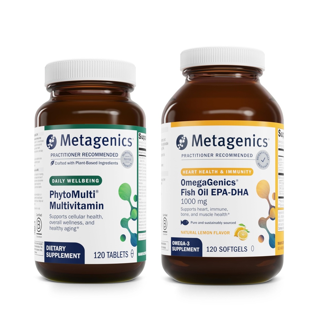 Metagenics Essential Wellness Duo: OmegaGenics EPA-DHA 10000 & PhytoMulti Without Iron - Daily Multivitamin for Overall Health & Aging - 60 Tablets