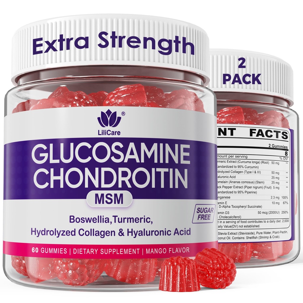 Γλυκοσαμίνη Chondroitin Gummies, χωρίς ζάχαρη Γλυκοσαμίνη MSM συμπλήρωμα, επιπλέον δύναμη με Boswellia Turmeric, Hydrolyzed Collagen & Hyaluronic Acid, Οστική υγεία για άνδρες & γυναίκες, 120 Cts