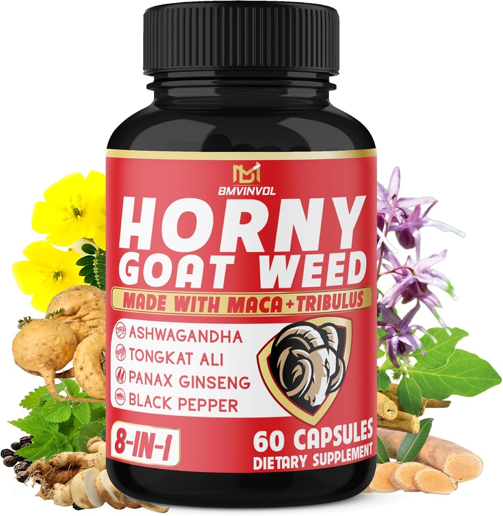 BMVINVOL Horny Goat Weed Capsules with Tribulus, Ginseng, Ashwagandha, Maca, Tongkat Ali, Nettle, Black Pepper - 60 Count