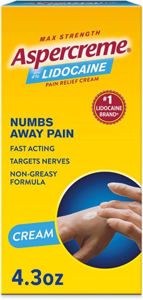 Aspercreme Lidocaine Pain Relief Cream Soothes Aggravated Nerves, Numbing Topical Anaalgesic με Max-Stength 4% Lidocaine & Moisturizing Aloe, 4.3 Oz.