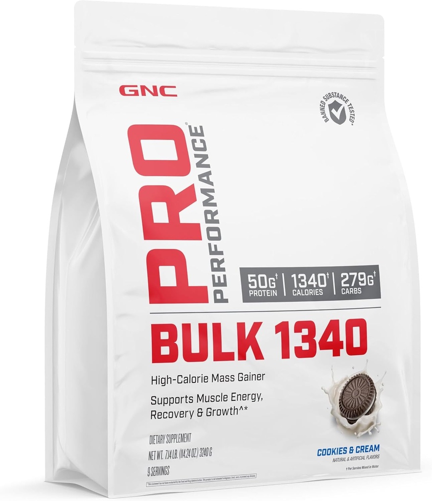 GNC Pro Performance Bulk 1340 Mass Gainer Protein Powder, 50g, Gluten Free, Whey, Createine, BCAA, 3ο μέρος δοκιμαστεί, αποκατάσταση μυών & ανάπτυξη, μικροθρεπτικά συστατικά, cookies και κρέμα, 9 υπηρεσίες