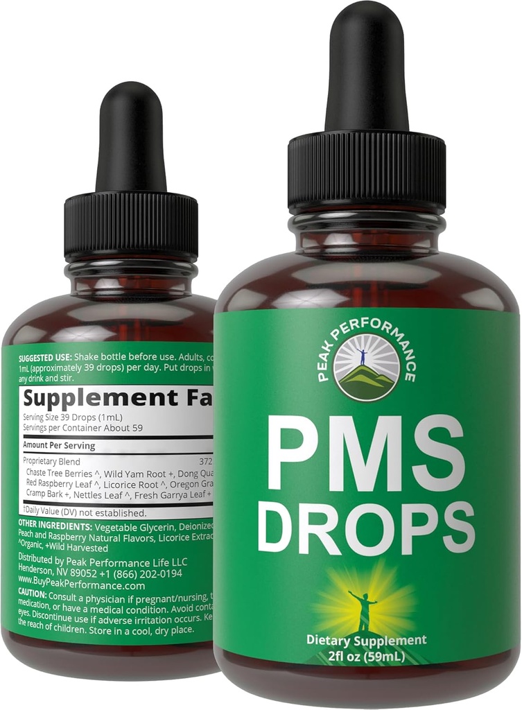 PMS Relief 9-σε-1 Συμπλήρωμα υγρών σταγόνων. 9 φυτικά συστατικά για την υποστήριξη της περιόδου Cramps Πόνος για τις γυναίκες. Vegan, Μηδενικές Βιταμίνες Ζάχαρης με οργανικά καρπούζια, Κραμπ Μπαρκ, Ρίζα γιαμ, Φύλλο Νετλ