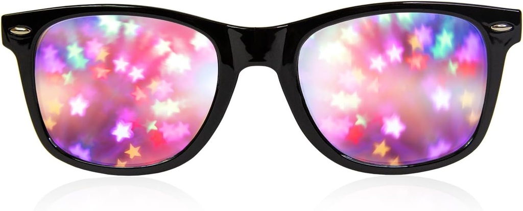 GloFX Black Frame Star Diffraction Glasses – Laser Etched for Stunning Starburst Light Effects, Flexible & Durable, Perfect for Raves & Festivals