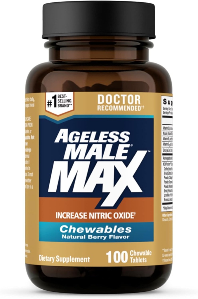Ageless αρσενικό Max Chewable Nitric Oxide Booster συμπλήρωμα για τους άνδρες – High Potency Ashwagandha εκχύλισμα για να ενισχύσει τις προπονήσεις, τους μυς & την απόδοση, μείωση του στρες, τον ύπνο υποστήριξης - 100 κόμης