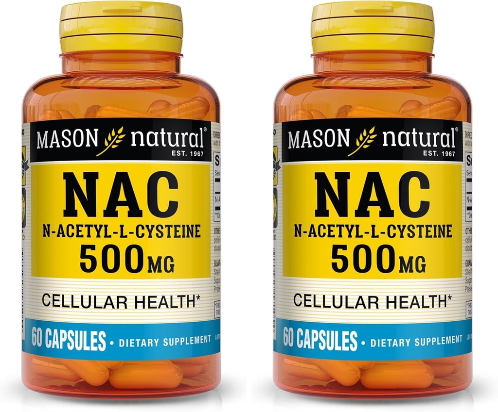MASON NATURAL NAC N- Acetyl L- Cysteine 500 mg - Υποστηρίζει Κυτταρική Υγεία, Αναμνηστικό ανοσοποιητικού συστήματος, για Γενική Ευεξία, 60 Καψάκια (Pack of 2)