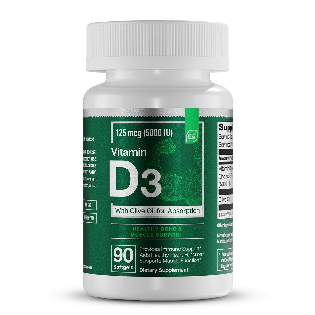 Ουσιώδη Στοιχεία D3 Βιταμίνες 5000 IU Softgels με Ελαιόλαδο για Οστική, Μυική και Ανοσοποιητική Υποστήριξη