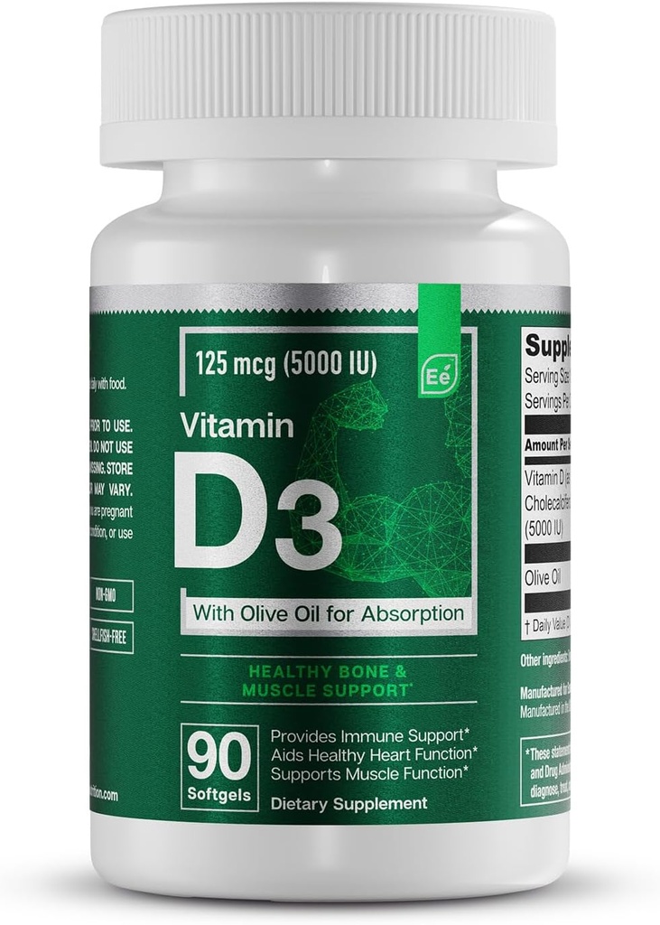 Essential Elements D3 Vitamins 5000 IU Softgels with Olive Oil for Bone, Muscle, & Immune Support