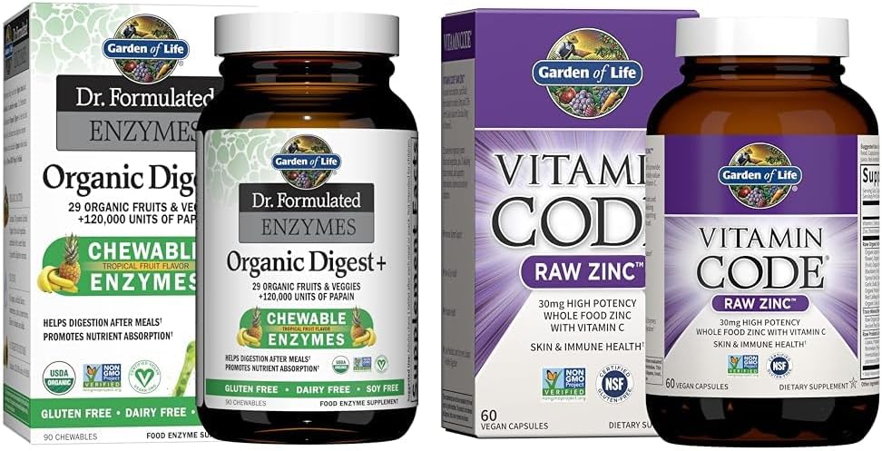 Garden of Life Dr Formulated Digestive Enzymes with Papain, Bromelain & Zinc Supplements 30mg High Potency Raw Zinc and Vitamin C Multimineral Supplement