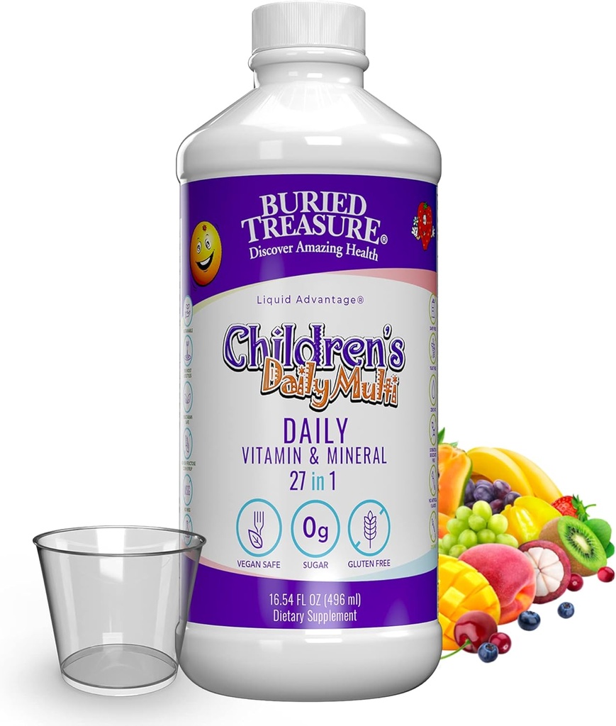 Θαμμένος Θησαυρός Παιδική Καθημερινή Multi Liquid Multivitamins Διατροφική Διατροφική Vegan συμπλήρωμα για τα παιδιά Δεν τεχνητά συστατικά Μη ΓΤΟ Φυσικές Γεύσεις φρούτων, 16 oz w/Dose Cup