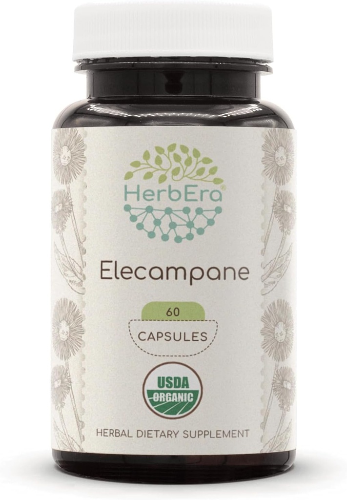 HerbEra Elecampane 60 USDA Οργανικά Καψάκια, 500 mg, Φτιαγμένα με Ελεκαμπάνη (Inula Helenium) Αποξηραμένη Ρίζα (60 Κάψουλες)