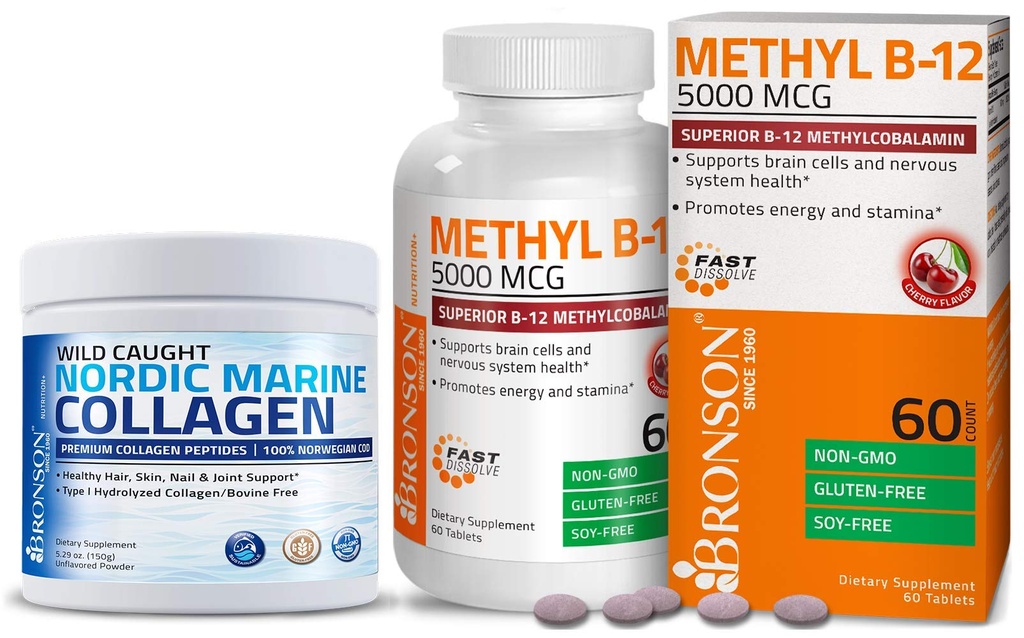Bronson Marine Collagen Peptides Hydrolyzed Protein Powder + Methyl B12 5000 mcg Βιταμίνη B12 Methylcobalamin