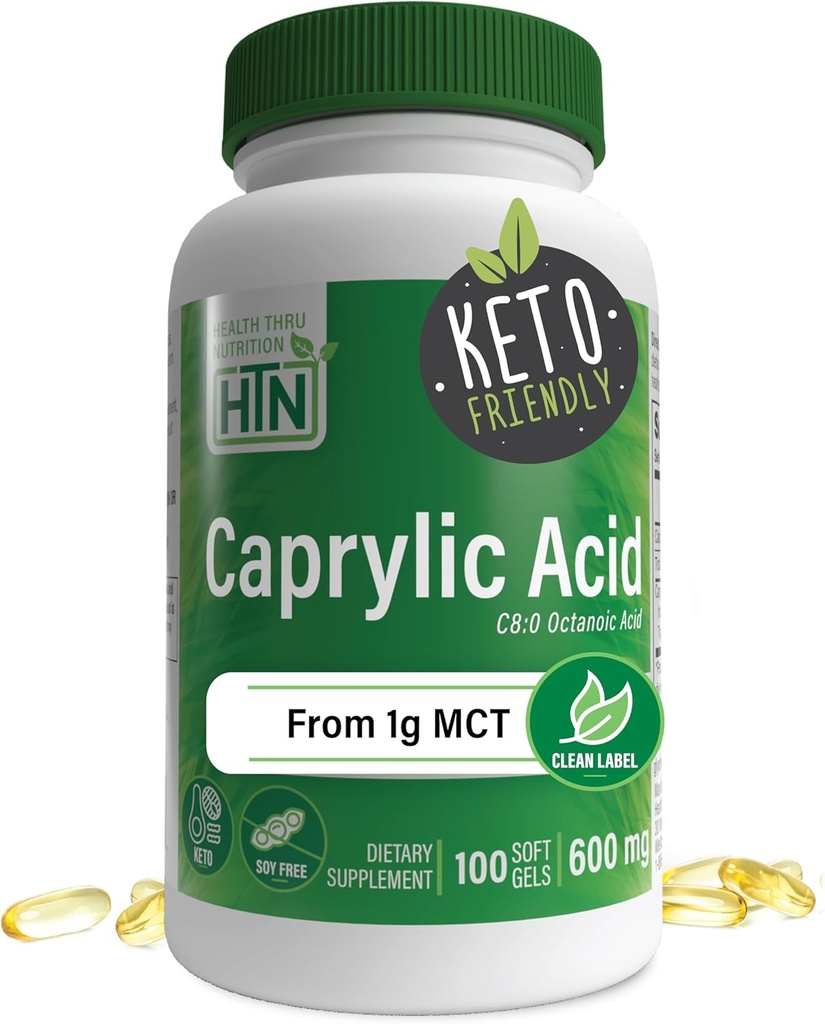 Health Thru Nutrition Caprylic Acid 600mg 100 Softgels | C8 Octanoic Acid from Pure 1g MCT Oil | Non-GMO & Soy Free | Support Healthy Digestive and Intestinal Health | Keto Friendly