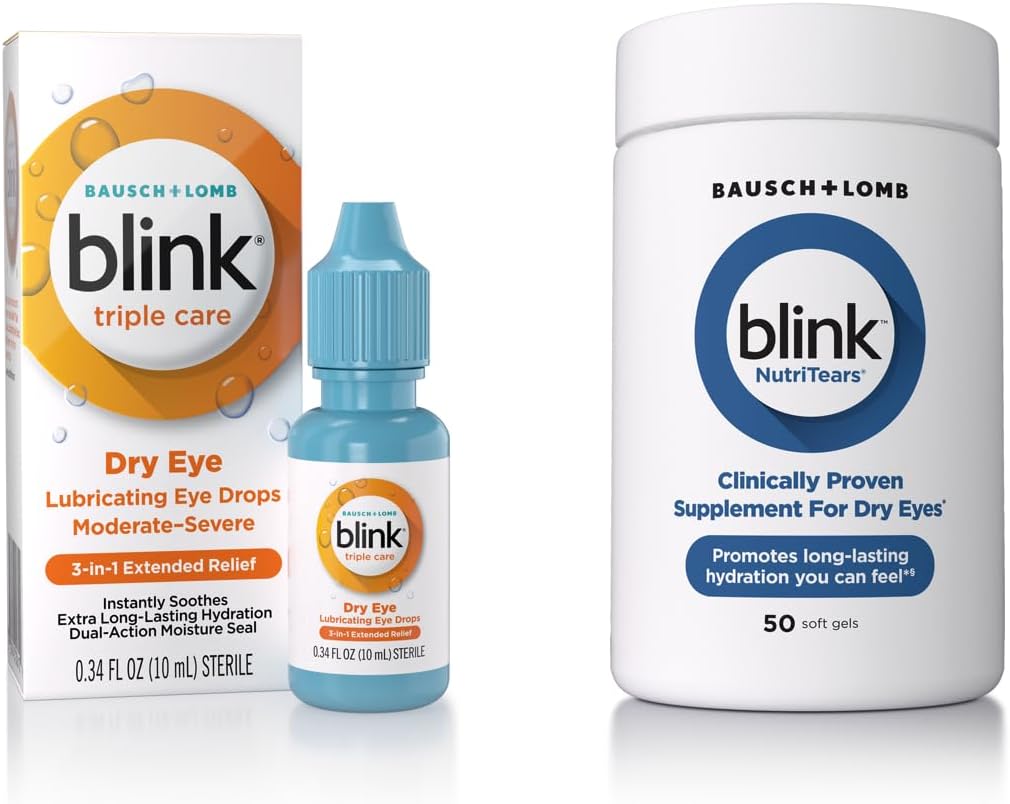 Blink Οφθαλμικές σταγόνες για ξηρά μάτια, τριπλή φροντίδα Λιπαντικές σταγόνες ματιών, στιγμιαία καταπραϋντική, Ενυδατική + Blink NutriTears Clinically Αποδεδειγμένο συμπλήρωμα για ξηρά μάτια, 50 Softgels