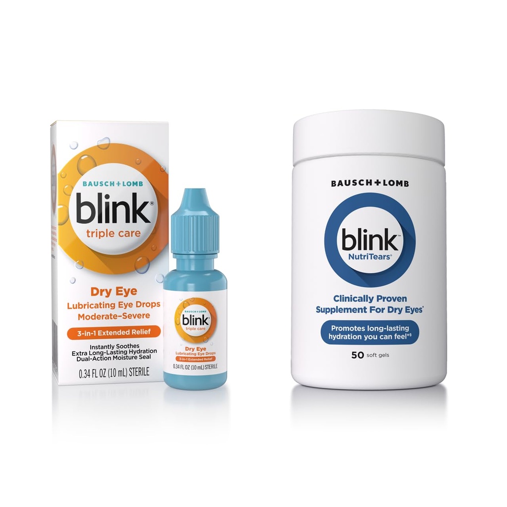 Blink Οφθαλμικές σταγόνες για ξηρά μάτια, τριπλή φροντίδα Λιπαντικές σταγόνες ματιών, στιγμιαία καταπραϋντική, Ενυδατική + Blink NutriTears Clinically Αποδεδειγμένο συμπλήρωμα για ξηρά μάτια, 50 Softgels