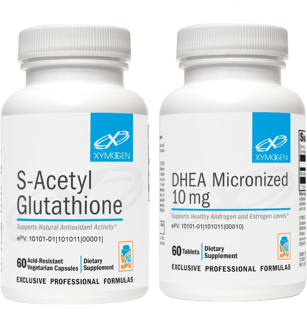 XYMOGEN DHEA 10mg (60 δισκία) + S Acetyl Glutathionone (60 κάψουλες) 2- Piece Bundle - Μικρονωμένο DHEA + Superior Abvorvation Acetylated Glutathionone Συμπλήρωμα για την Υποστήριξη Υγιούς Γήρανσης