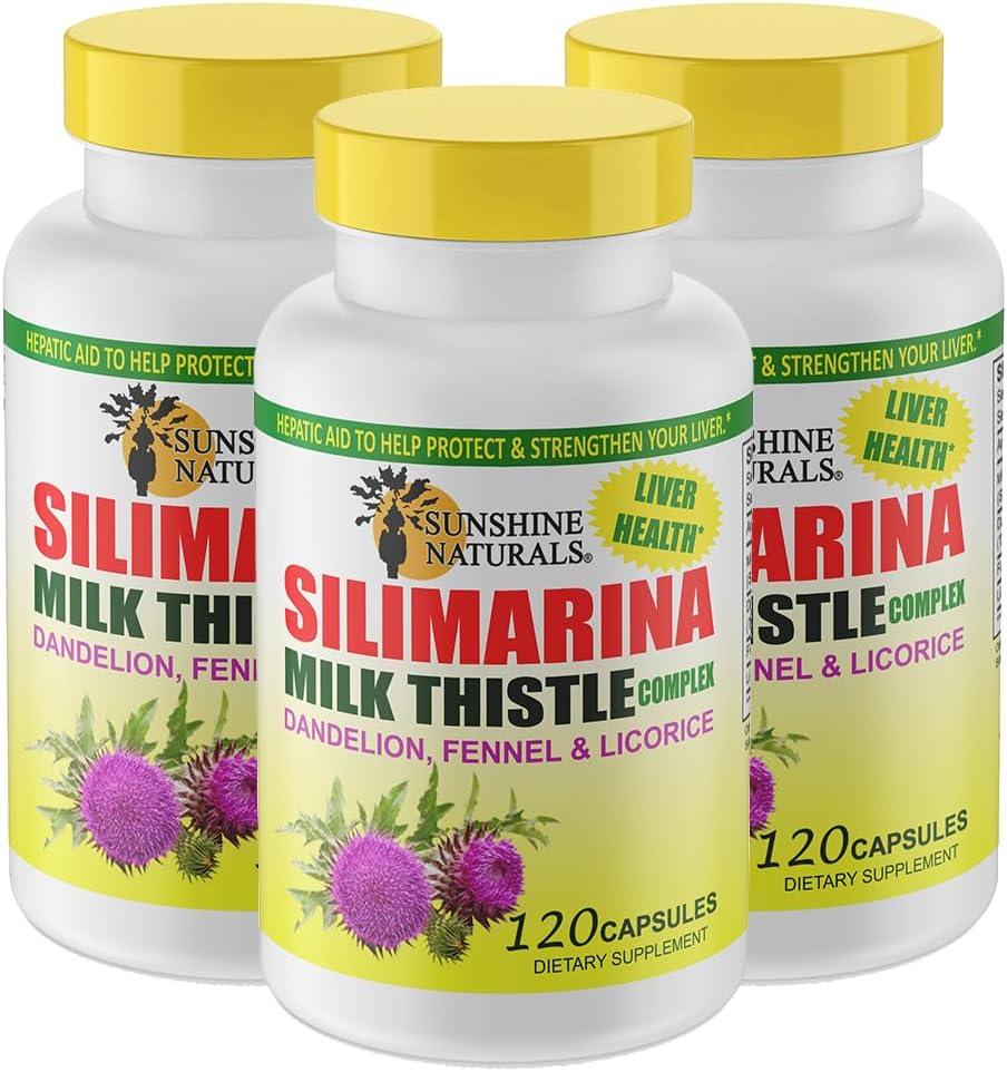 Sunshine Naturals Milk Thistle Complex. Liver Health Support, Detoxification, Antioxidant Defense, and Natural Liver Function Enhancement. Promotes Digestive Health. 600 mg. 120 Capsules. Pack of 3.