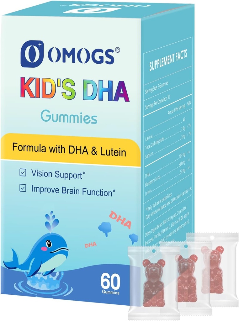 OMOGS Children’s DHA Blueberry Flavoured Gummies, with Lutein, Omega-3 & Vitamin C Algae DHA, for Eye Health, Brain Health & Healthy Immunity, Gluten Free, Vegan, 60 Gummies.