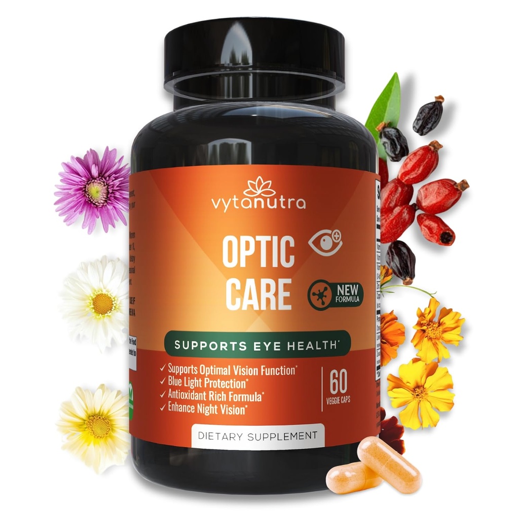 Optic Care Eye Vitamins – Λουτεΐνη, Ζεαξανθίνη, Βιταμίνες A C E, Ψευδάργυρος, Χαλκός – Αντιοξειδωτική & Μικροθρεπτική Φόρμουλα με Chrysantemum & Goji Berry για την υποστήριξη της όρασης και την ανακούφιση του ματιού Stra 60 κάψουλες