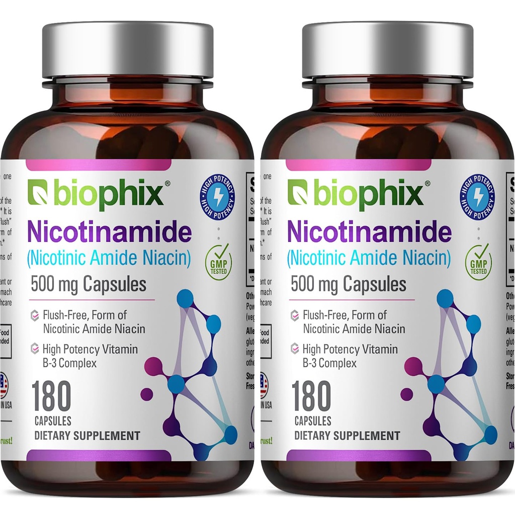 biophix B-3 Nicotinamide 500 mg 180 Caps 2 Pack - Νικοτινικό αμίδιο Νιασίνη Φυσικό Flush-Free Vitamin Formula - Υποστηρίζει την υγεία των κυττάρων του δέρματος