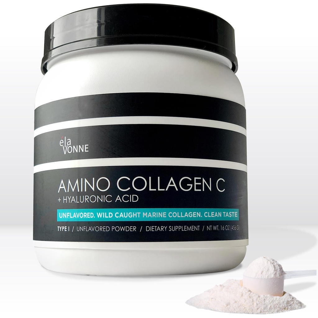 Amino Collagen C with Hyaluronic Acid (60 Servings   16oz  456g) - Μη-GMO Marine Collagen Peptides - Hydrolyzed Powder - Unflavored - No Sugar - Για Στερεό Δέρμα, Ενυδάτωση, Υγιεινές αρθρώσεις και Gut.