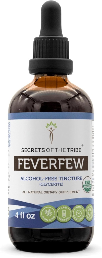 Secrets of the Tribe Feverfew USDA Organic | Alcohol-Free Extract, High-Potency Herbal Drops | Made from 100% Certified Organic Feverfew (Tanacetum parthenium) Dried Herb (4 oz)