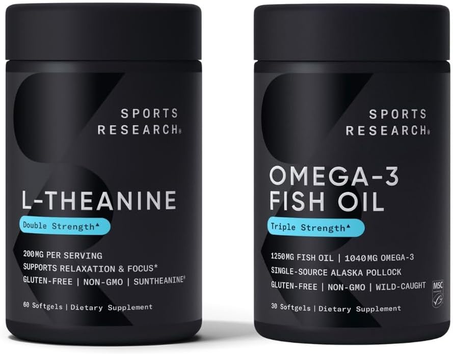 Sports Research Double Strength L-Theanine Suntheanine for Focus, Relaxation & Alertness Non-Drowsy Support + Coconut Oil 60 Count & Triple Strength Omega 3 Fish Oil 1250mg Burpless Omega3 EPA & DHA