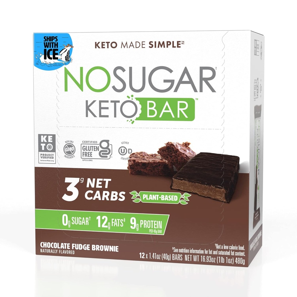 Χωρίς ζάχαρη Keto Bar Snack, Fudge Brownie, 12 x 1.41oz Bars - Χαμηλός υδατάνθρακες Όχι ζάχαρη Keto Snack Τροφίμων με Κέτο Φιλικό Μακρό, 3g Net Carb, 9g Φυτική πρωτεΐνη, 13g Υγιεινό λίπος, Χωρίς ζάχαρη (0g)