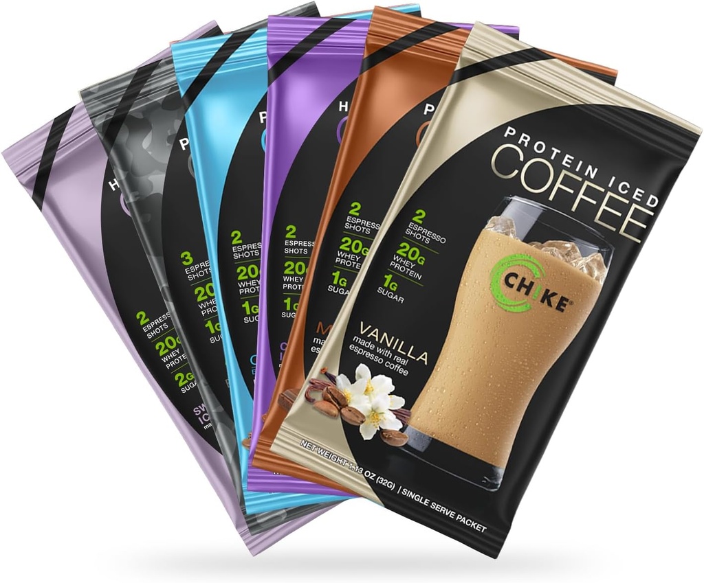 Chike High Protein Iced Coffee Sampler Pack, 20 G Protein, 2 Shots Espresso, 1 G Sugar, Keto Friendly and Gluten Free, 6 Single Serve Packets (packaging may vary)