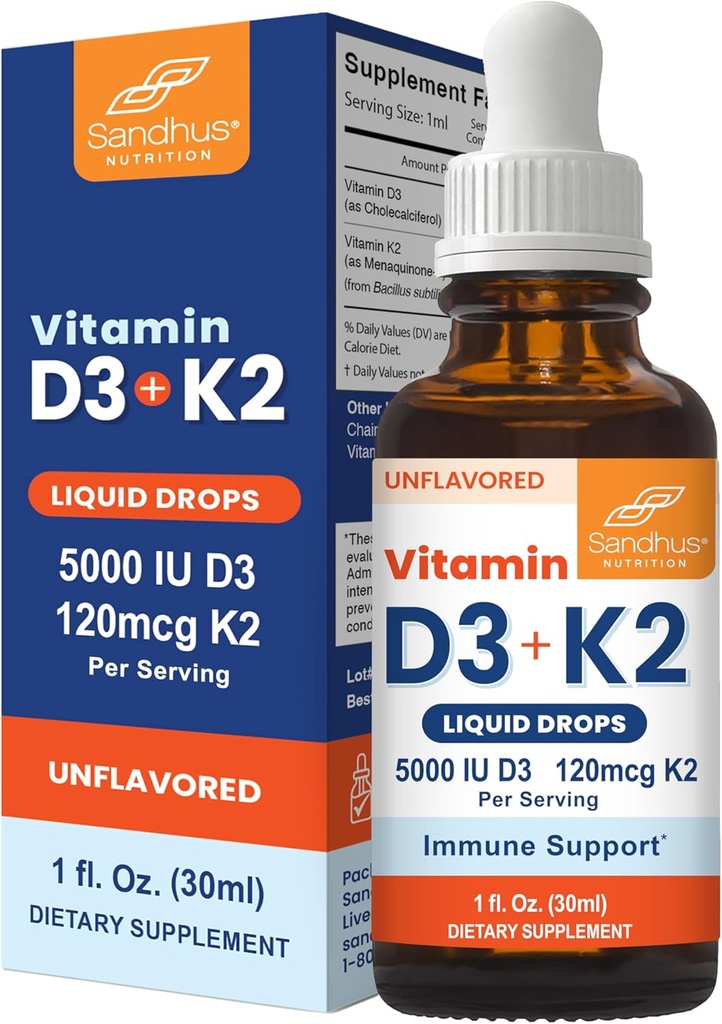 Sandhu's Vitamin D3 K2 Drops for Adults | 5000 IU D3 Liquid, 120mcg K2 Supplement 1 Fl Oz (Pack of 1) | D3K2 Supports Superior Absorption, Energy, Immune, Muscle Health for Men & Women