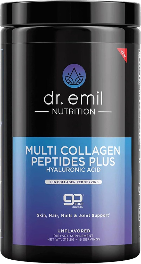 DR. EMIL NUTRITION Multi Collagen Peptides Peptides Powder - 20g μη αρωματισμένης σκόνης πρωτεΐνης κολλαγόνου με υαλουρονικό οξύ για τα μαλλιά, το δέρμα, τα νύχια και τις αρθρώσεις - 15 Σερβιέτες