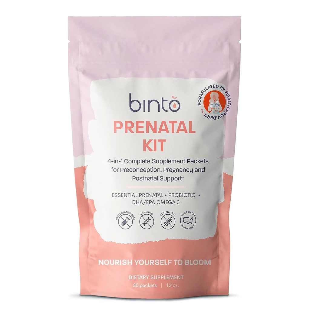 Binto Prenatal Kit - 4-σε-1 Συμπληρώματα για υγιή μαμά & μωρό - 30 ημέρες προσφοράς - πολυβιταμίνη, προβιοτικά, σίδηρος, DHA, μεθυλιωμένο φολικό & φολικό οξύ - μη-GMO, χωρίς γλουτένη, χορτοφαγικά