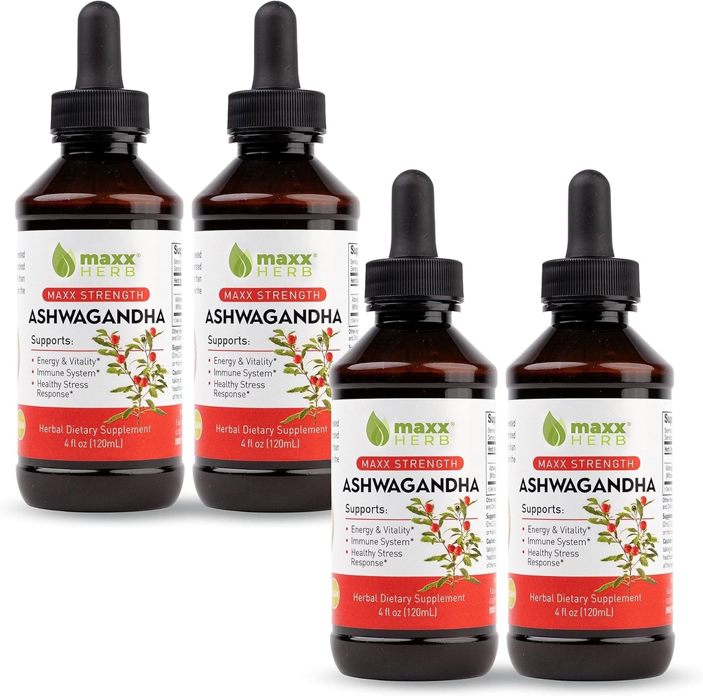 Maxx Herb Ashwagandha Extract – Max Strength Liquid Tibcture Absorbs Better than Capsules or Powder - για Stamina, Memory, and Immune Support – 4 Bottles, 4 Oz Κάθε (240 Servings)