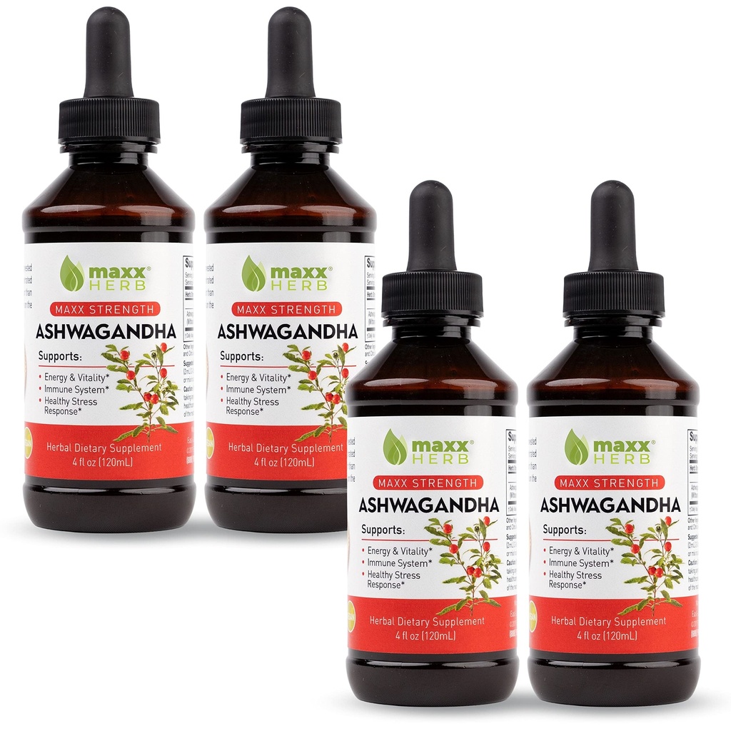 Maxx Herb Ashwagandha Extract – Max Strength Liquid Tibcture Absorbs Better than Capsules or Powder - για Stamina, Memory, and Immune Support – 4 Bottles, 4 Oz Κάθε (240 Servings)