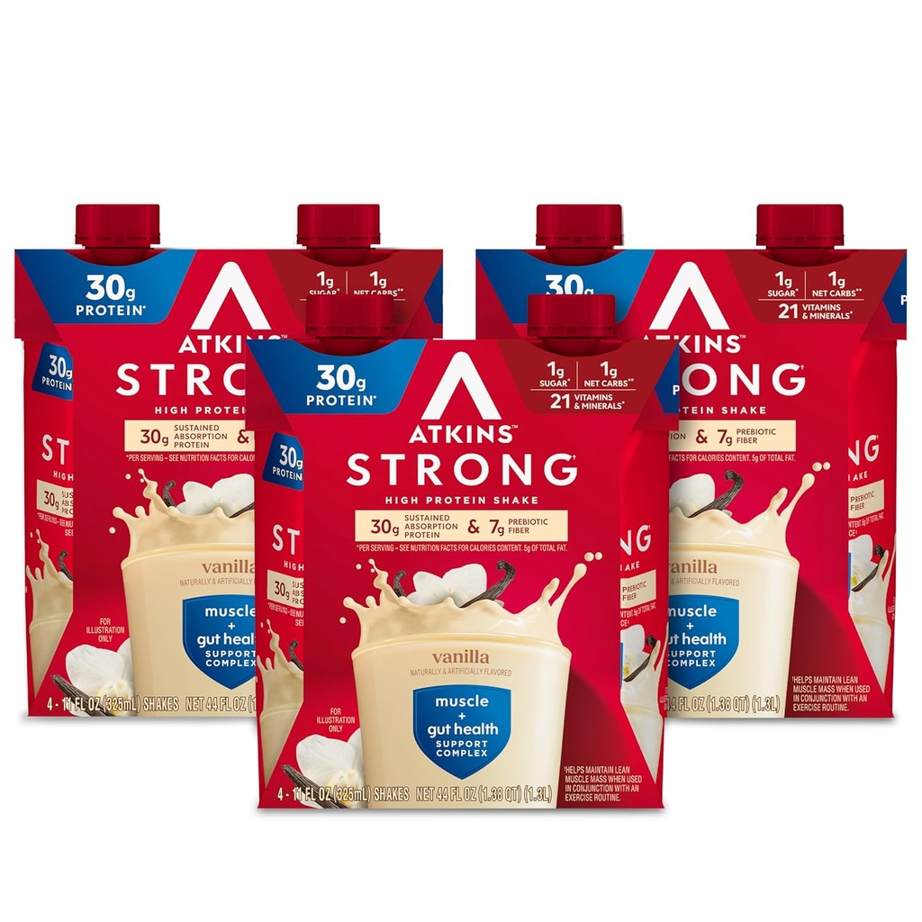 Atkins ισχυρή υψηλή πρωτεΐνη Shake, Vanilla Γεύση, 30g πρωτεΐνη, χαμηλή υδατανθράκων και χαμηλή ζάχαρη Shake, Keto φιλικό, χωρίς γλουτένη, μυών και κόκκων σύμπλοκο υποστήριξης της υγείας, 12 κόμης