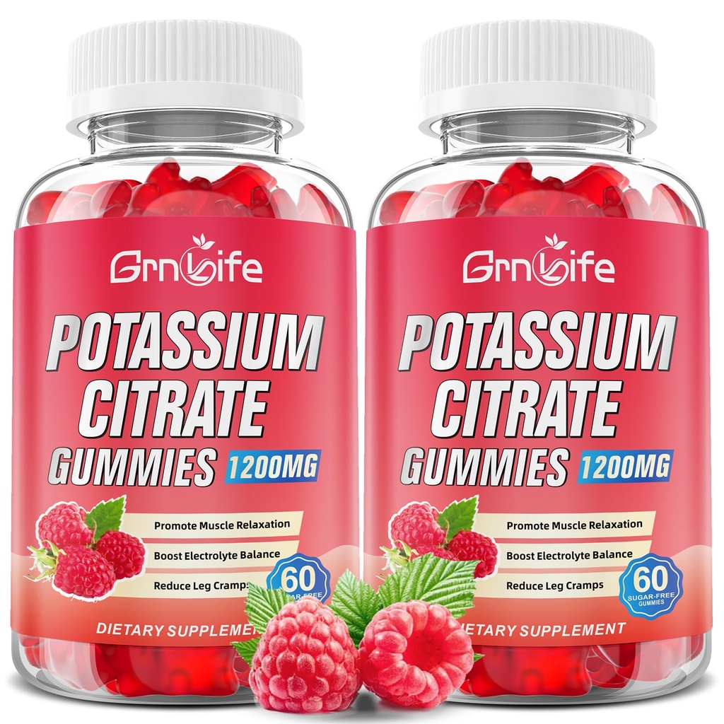 2 Συσκευασία Κάλιο Κιτρικό Gummies Citrate, Υψηλή Gummies συμπλήρωμα κάλιο 1200mg Πόδι στήριξης Cramps & μυϊκή υγεία, Κάλιο Gummies για ενήλικες & παιδιά, Vegan, Raspberry Γεύση 120 κόμης