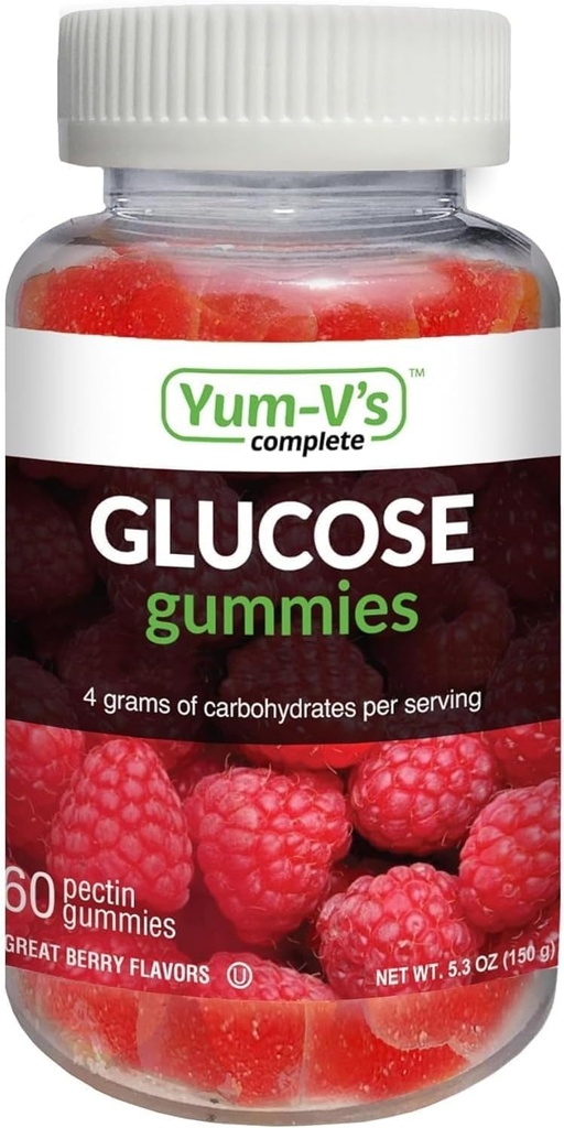 YUM-V'S Γλυκόζη Gummies – Γρήγορη δράση Γλυκόζη Μασώμενα Gummies – Μεγάλη γεύση – Χωρίς γλουτένη, Vegan, μη-GMO – Berry Natural Flavor – 60 Μασώμενα Gummy για ενήλικες & παιδιά