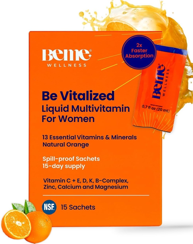 BeMe Liquid Multivitamins for Women - Σύνθετη Liquid Delivery System με 13 Βιταμίνες & 4 Ορυκτά - Δάκρυα & Σωλήνες Go, Μη ΓΤΟ, Πορτοκαλί Γεύση (15 Φακοί)