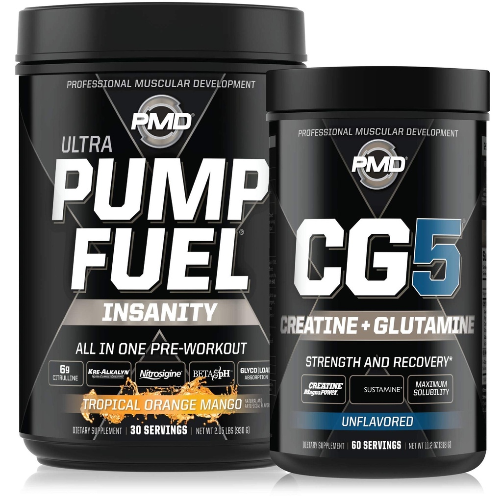 PMD Αθλητισμός Ultra Αντλία Fuel Insanity - Προ προπόνηση - Tropical Orange Mango (30 εξυπηρετούν) Αθλητισμός CG5 Premium Creatine και L-Glutamine σκόνη (60 εξυπηρετούν)