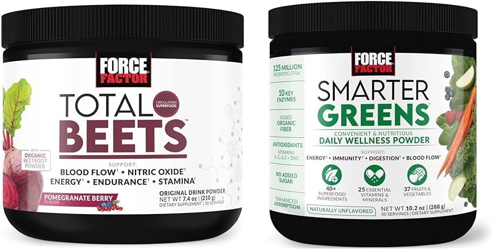 Force Factor Total Beets Drink Mix Superfood Powder με νιτρικά άλατα για την υποστήριξη της κυκλοφορίας, ροής αίματος & Smarter Greens Daily Wellness Powder to Support Energy, Immunity & Digestion
