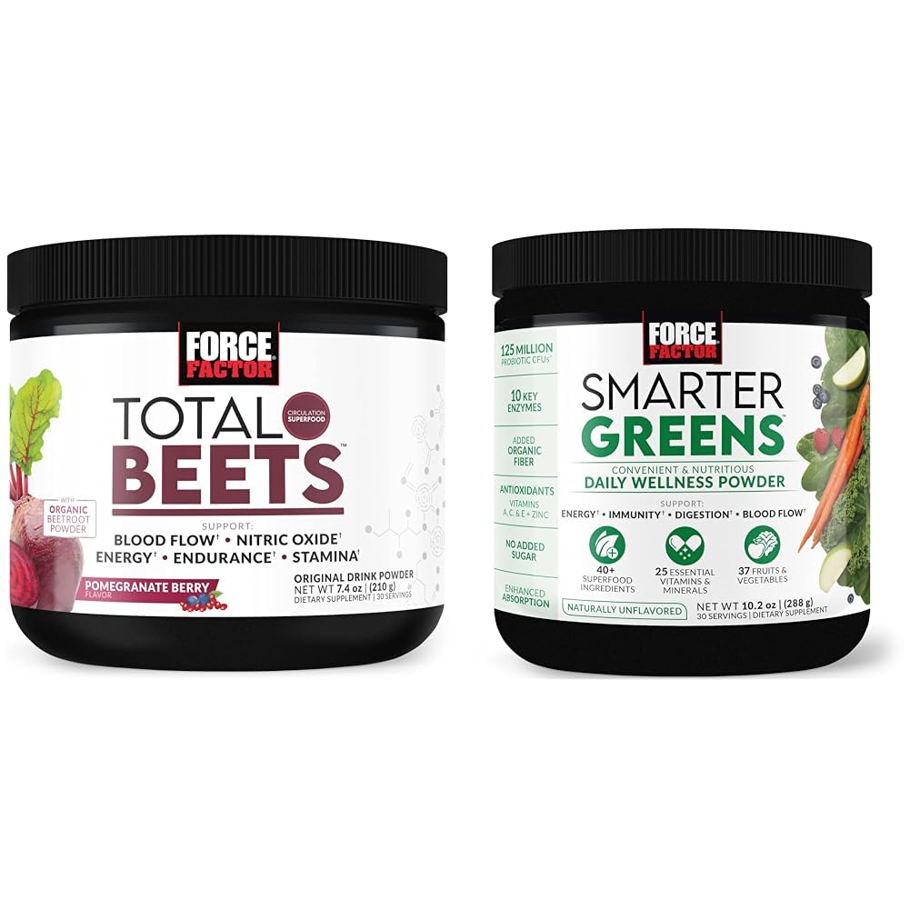 Force Factor Total Beets Drink Mix Superfood Powder με νιτρικά άλατα για την υποστήριξη της κυκλοφορίας, ροής αίματος & Smarter Greens Daily Wellness Powder to Support Energy, Immunity & Digestion