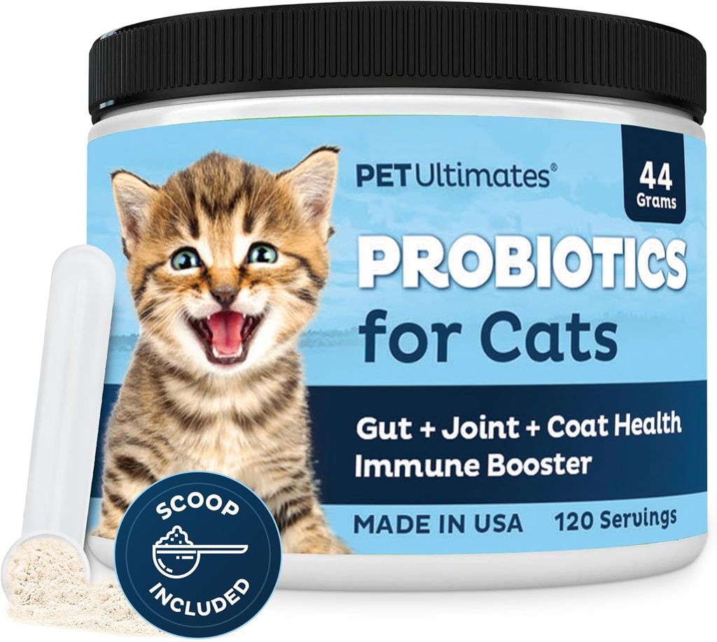 Pet Ultimates Probiotics for Cats – 20-Species Cat Probiotic Powder to Treat Diarrhea, Vomiting, Digestive Support & Cat Antibiotics Recovery – Cat Health Supplies (44 gr)