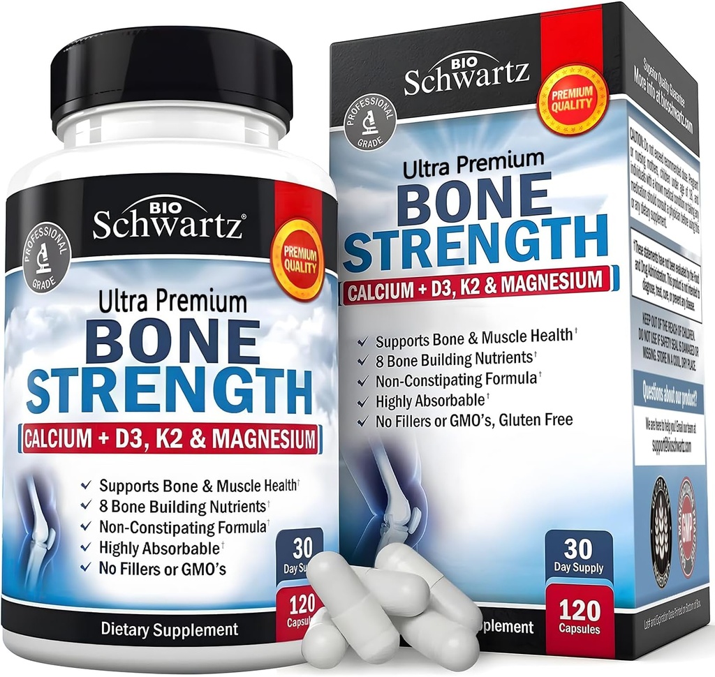 BioSchwartz Bone Strength Supplement - Gentle Non-Costipating Bone Health Supplement for Women & Men with 9-in-1 Complex with Calcium Magnesium Zinc D3 K2 & More - 3ο Party Tested - 1 Μήνα