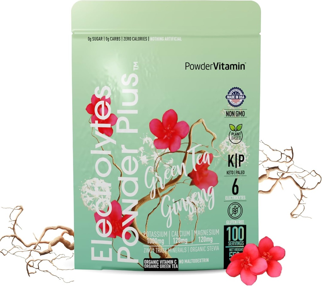 PowderVitamin Electrolytes Powder Plus (100 μερίδες) Πράσινο τσάι Ginseng Ηλεκτρολυτική σκόνη Keto, Χωρίς ζάχαρη, Pink αλάτι Ιμαλαΐων,1000mg κάλιο,150mg ασβέστιο,150mg μαγνήσιο, σκόνη ενυδάτωσης