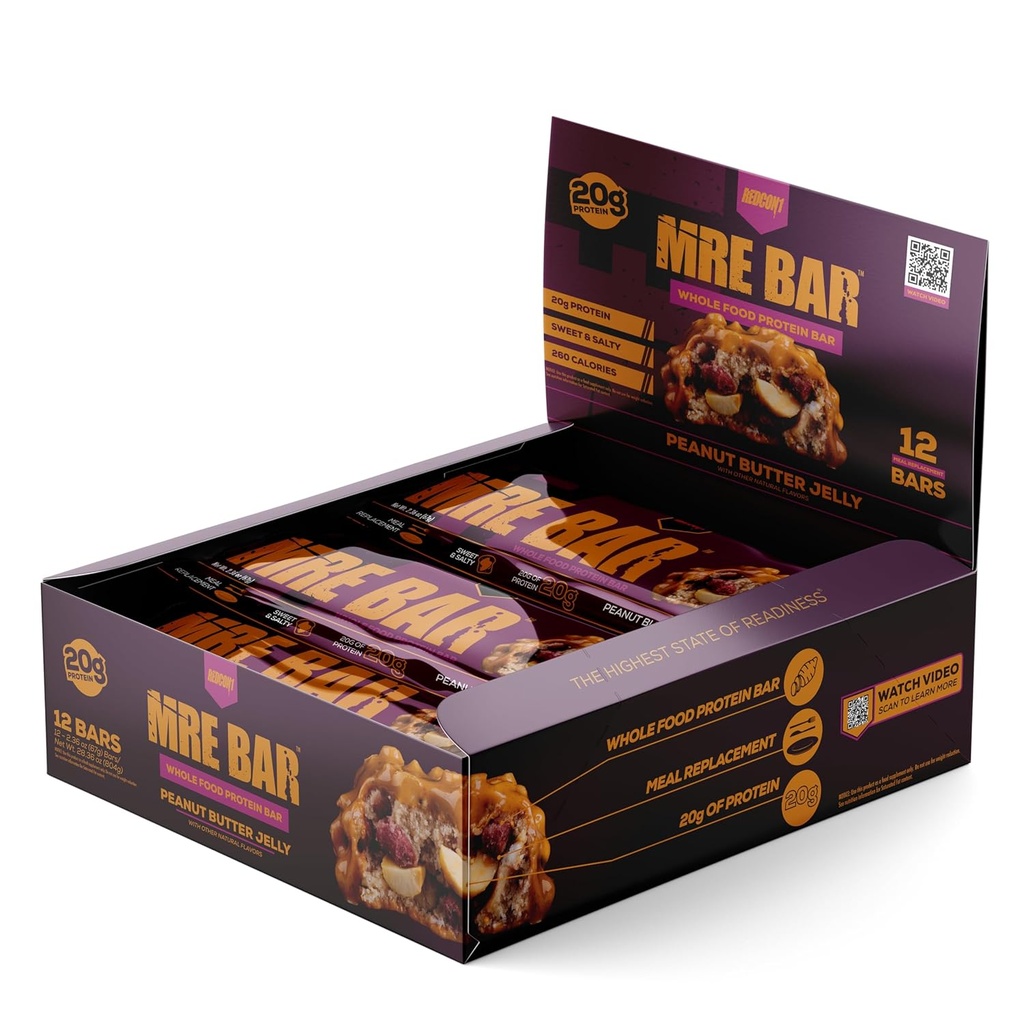 REDCON1 MRE Protein Bar, Φυστικοβούτυρο Jelly - Περιέχει MCT Oil + 20g της ολικής πρωτεΐνης τροφίμων - Εύκολα επιδιορθώσιμο, Macro ισορροπημένη γραμμή αντικατάστασης γεύματος χαμηλής ζάχαρης (12 Bars)