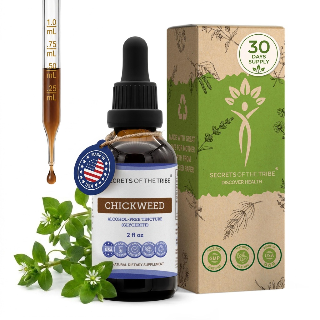 Μυστικά της Φυλής Chickweed Βάμμα Υγρού Εκχυλίσματος Χωρίς Αλκοόλ, Chickweed (Stellaria Media) Αποξηραμένα Πάνω-Γροθιά Μέρη (2 FL OZ)
