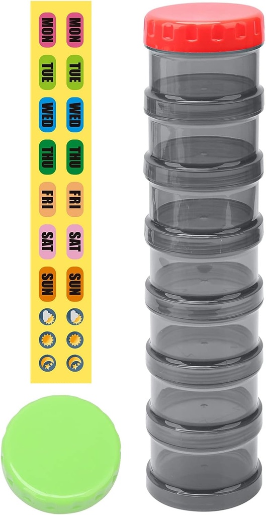 7 Day Pill Organizer Case Stackable Weekly Supplements Vitamins Pills Holder Dispenser Extra Large Translucent Black with Label and One More Lids