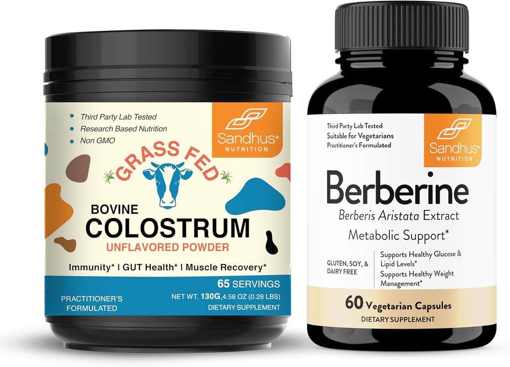 Sandhu's Pure Bovine Colostrum Powder Supplement for Humans & Berberine HCL Supplement 500mg per Capulation