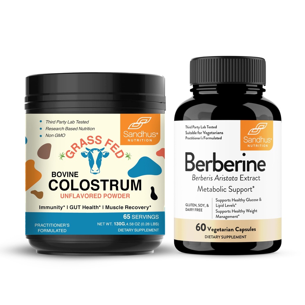 Sandhu's Pure Bovine Colostrum Powder Supplement for Humans & Berberine HCL Supplement 500mg per Capulation