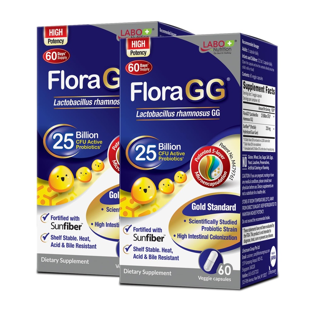 LABO Nutrition FloraGG Lactobacillus Rhamnosus LGG 25 Billion CFU Daily (LGG Probiotic with Sunfiber) 5-Layer Microencapsulated L. Rhamnosus Supplement | Digestion & Immune Support | 60 Capsules x2
