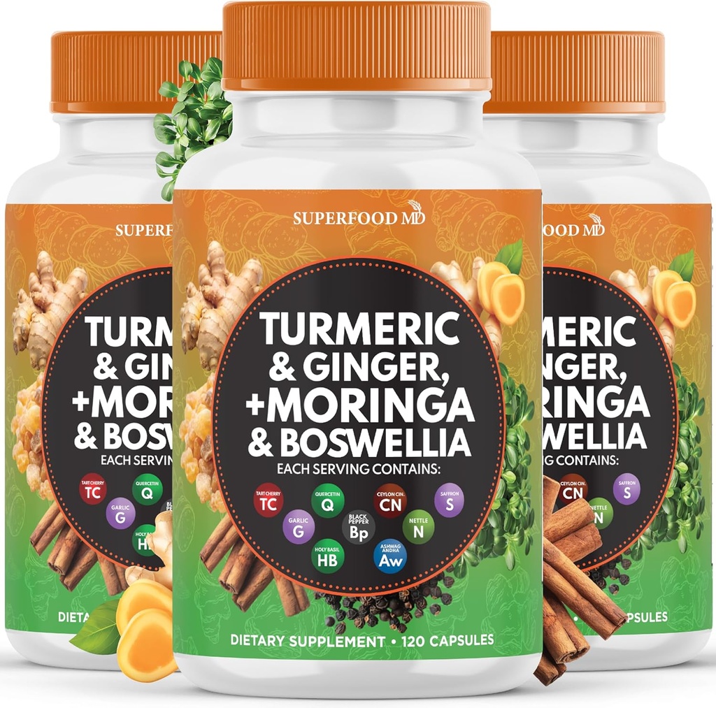 Turmeric Moringa 50000mg Supplement | Ginger Boswellia 3000mg Saffron 2000mg Holy Basil- Joint Support Supplement for Women and Men with Ceylon Cinnamon, Quercetin, Tart Cherry- 360 Count